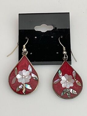 Vintage Mexican Alpaca Dangling Earrings Abalone Shell Inlay